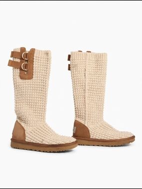 UGG Shaina Tall Sweater Knit Boots Cream Chestnut Buckle Size 7